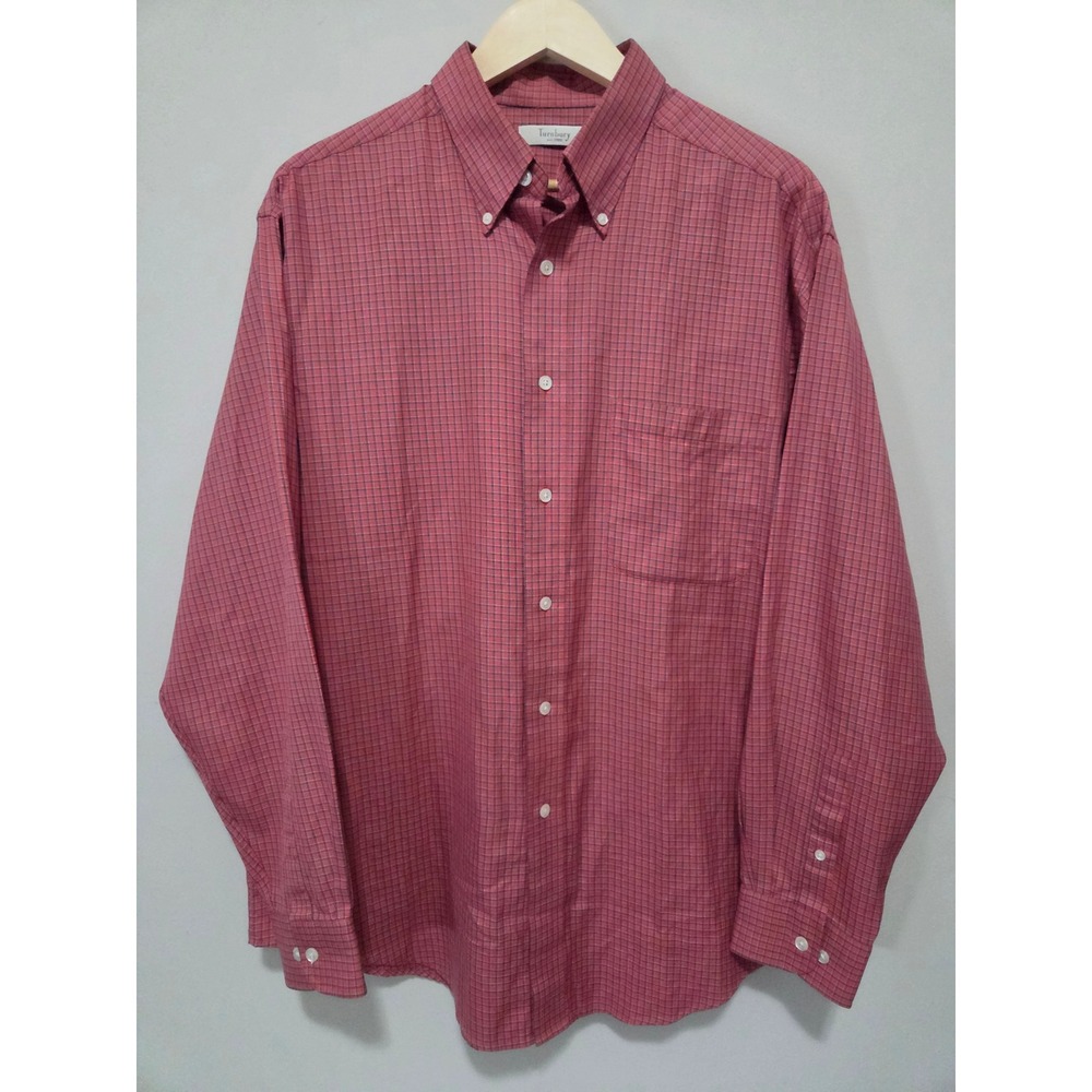 Turnbury Mens Long Sleeve Button Down Shirt Red Navy Blue Micro Check Cotton L35
